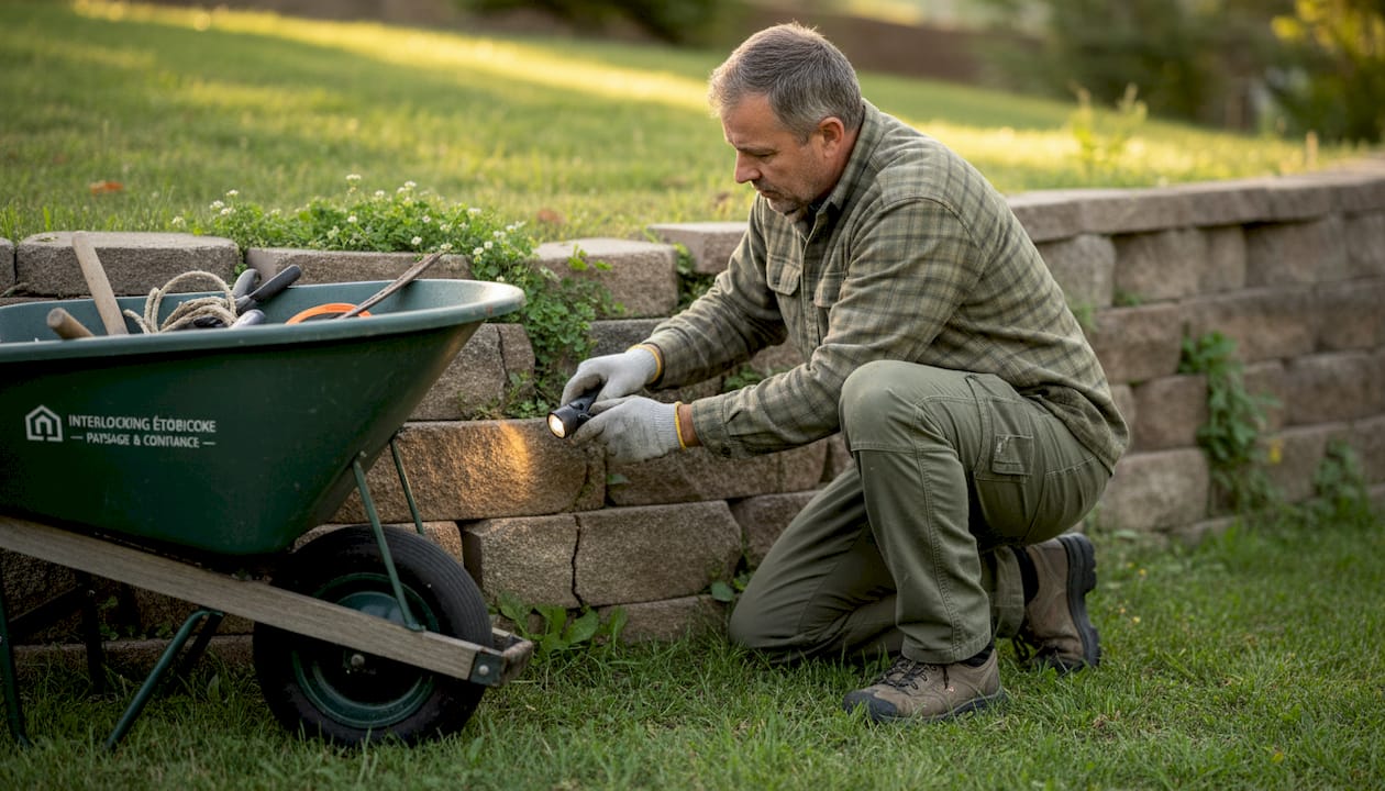 Un paysagiste inspecte un mur de soutènement pour s’assurer de sa stabilité.
