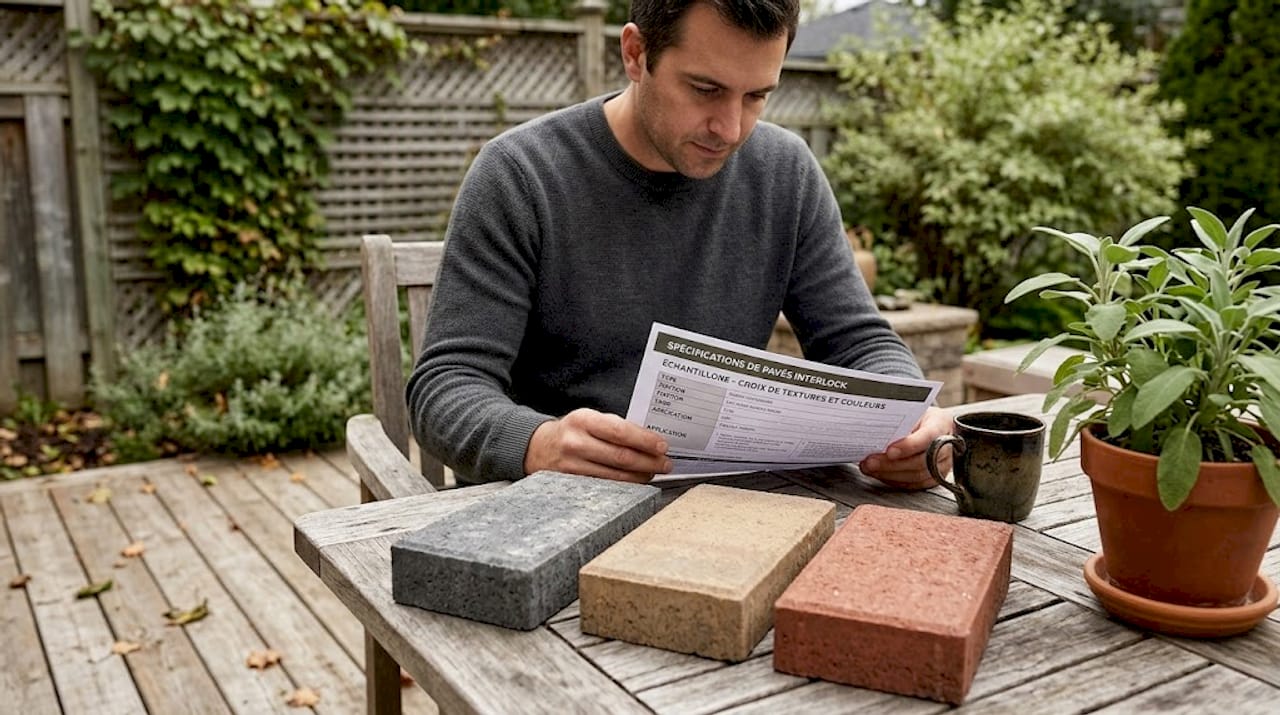 Un propriétaire examine différents modèles de pavés pour choisir celui qui conviendra le mieux à son projet.
