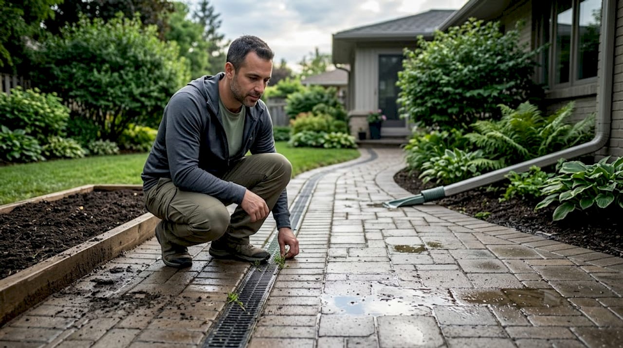 屋主对庭院的透水地面和排水系统进行检查，确保排水顺畅，避免积水问题。