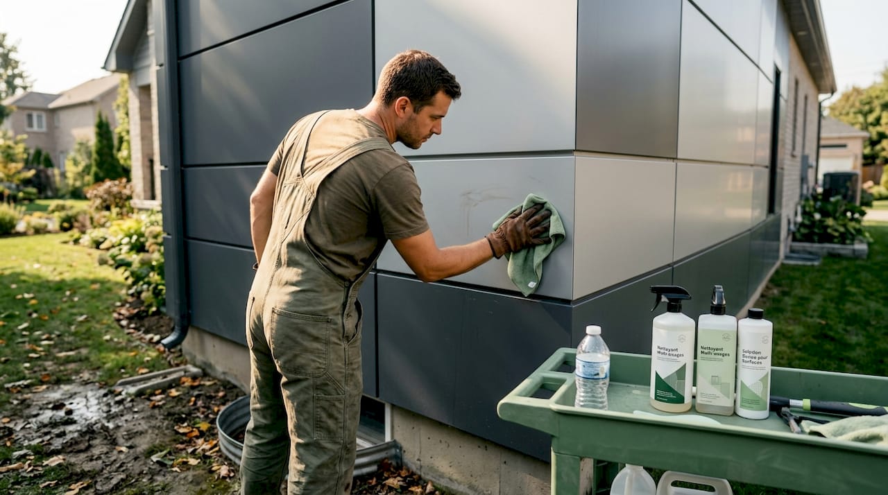 Un ouvrier procède au nettoyage des panneaux en aluminium composite sur la façade d’une maison.
