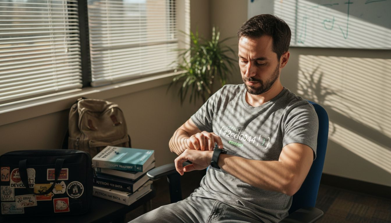 Engineer in code t-shirt with personal tech items