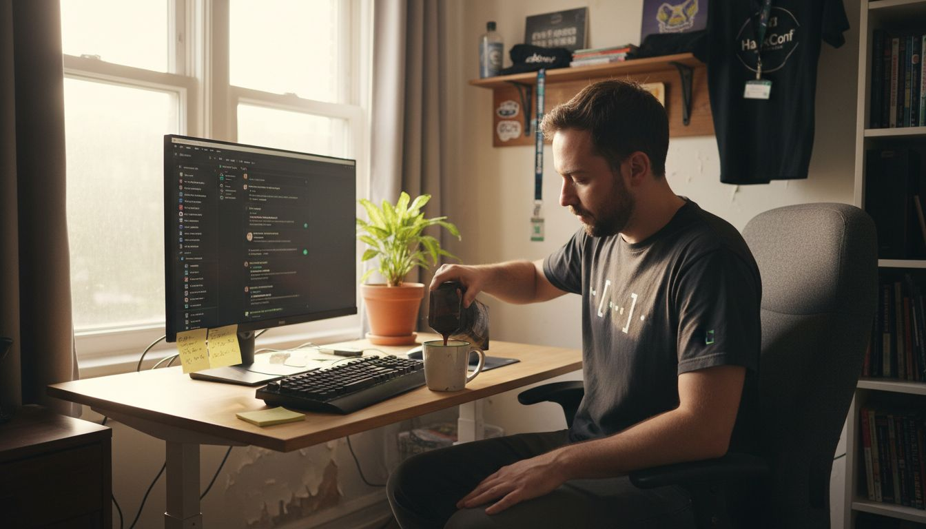 Developer working in tech-themed t-shirt at desk