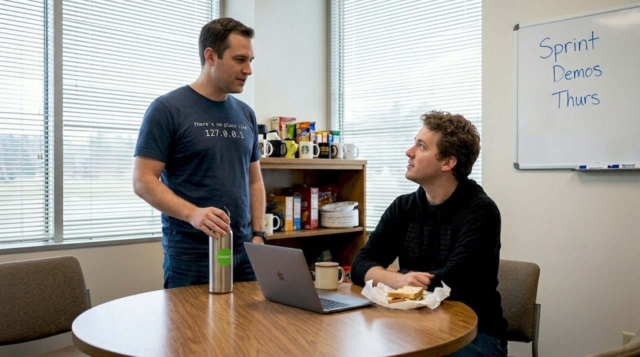 Coworkers in tech apparel sharing a laugh