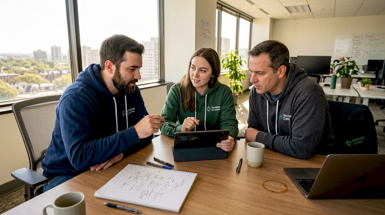 IT team in hoodies collaborating in office