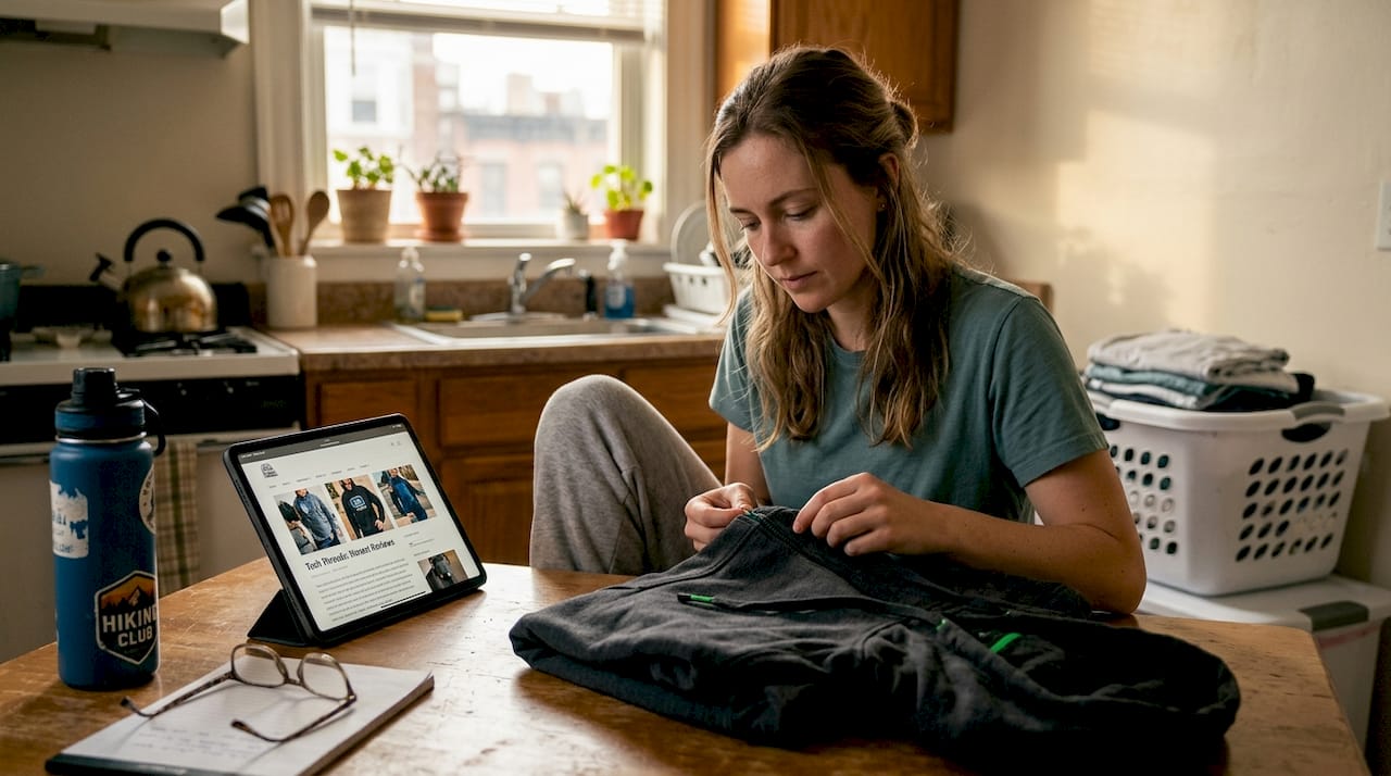 Person checking tech sweatshirt quality at home