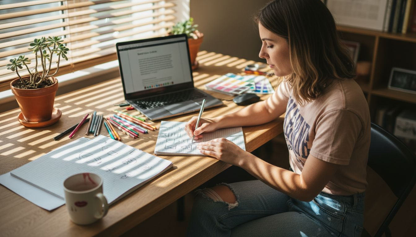 Brand designer sketching logos in morning studio