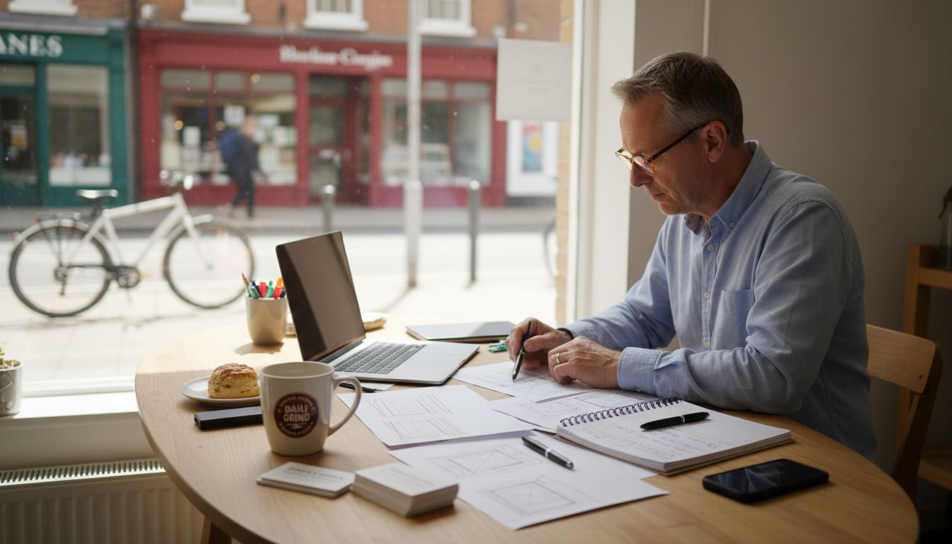 Business owner reviews website redesign sketches in office