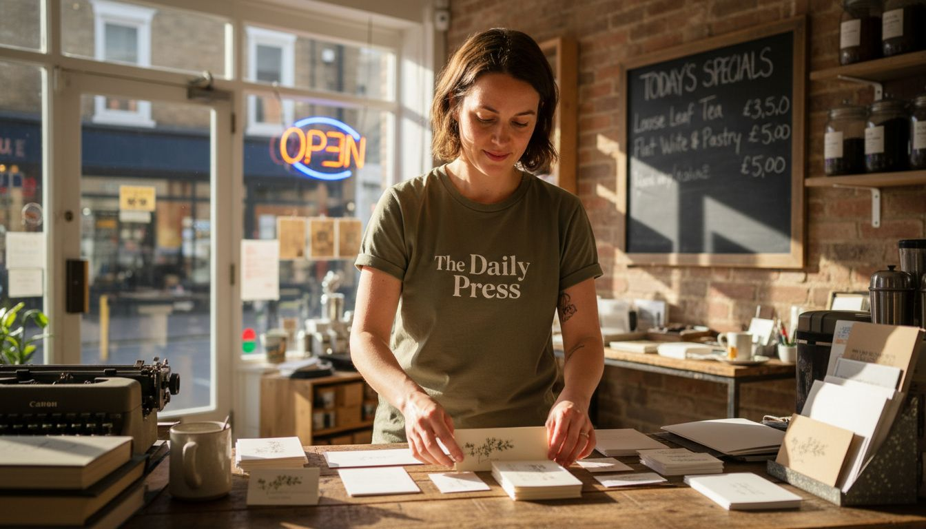 Small business owner arranging branded materials