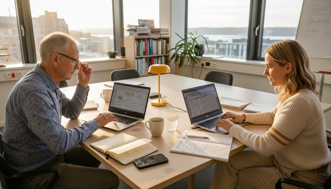 Kollegor som tillsammans går igenom arbetsprocesser på kontoret för att hitta smartare lösningar och effektivisera arbetet.