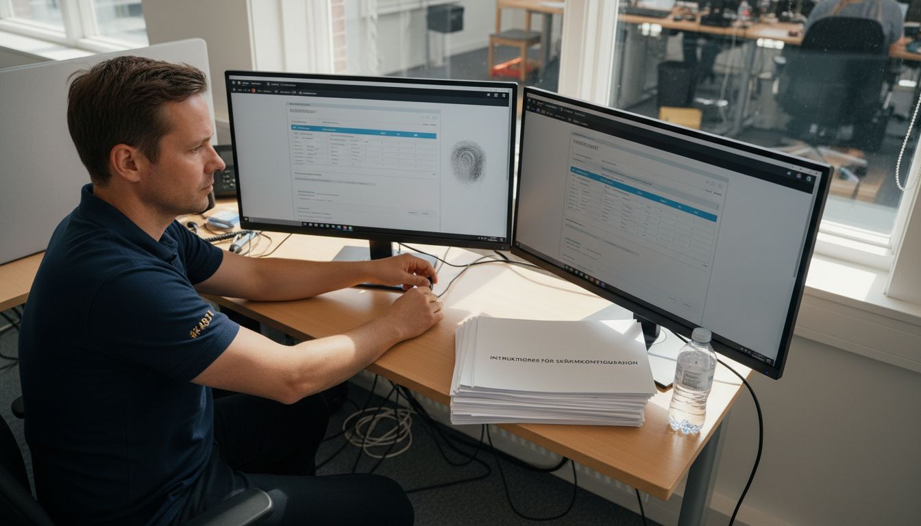 En tekniker sitter vid sitt skrivbord och kopplar ihop företagets kund- och ordersystem.