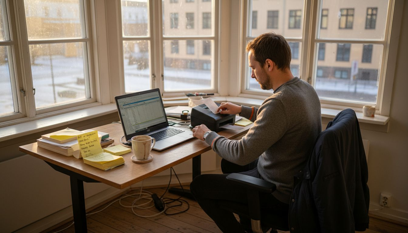 En småföretagare sitter vid sitt skrivbord och arbetar med digitala verktyg.