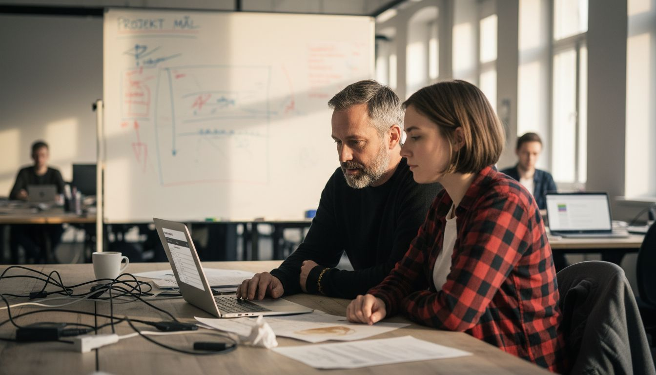 Kollegor samarbetar och arbetar tillsammans i CRM-systemet på datorn.