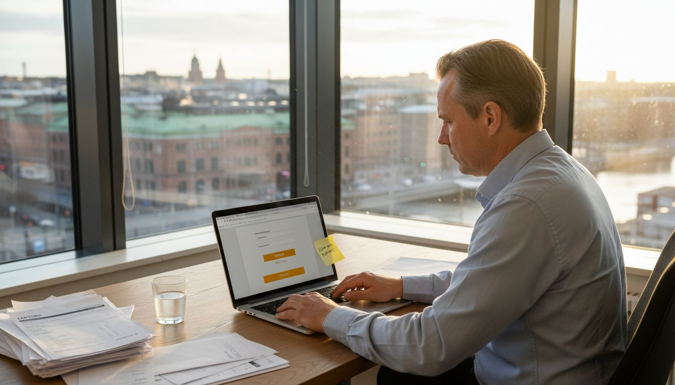 En man sitter vid skrivbordet och loggar in på sitt molnbaserade system.