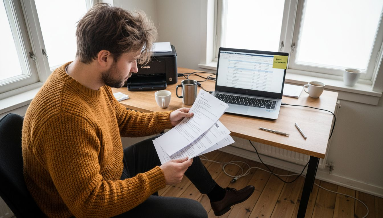 En entreprenör sitter vid sitt skrivbord och jobbar i affärssystemet.