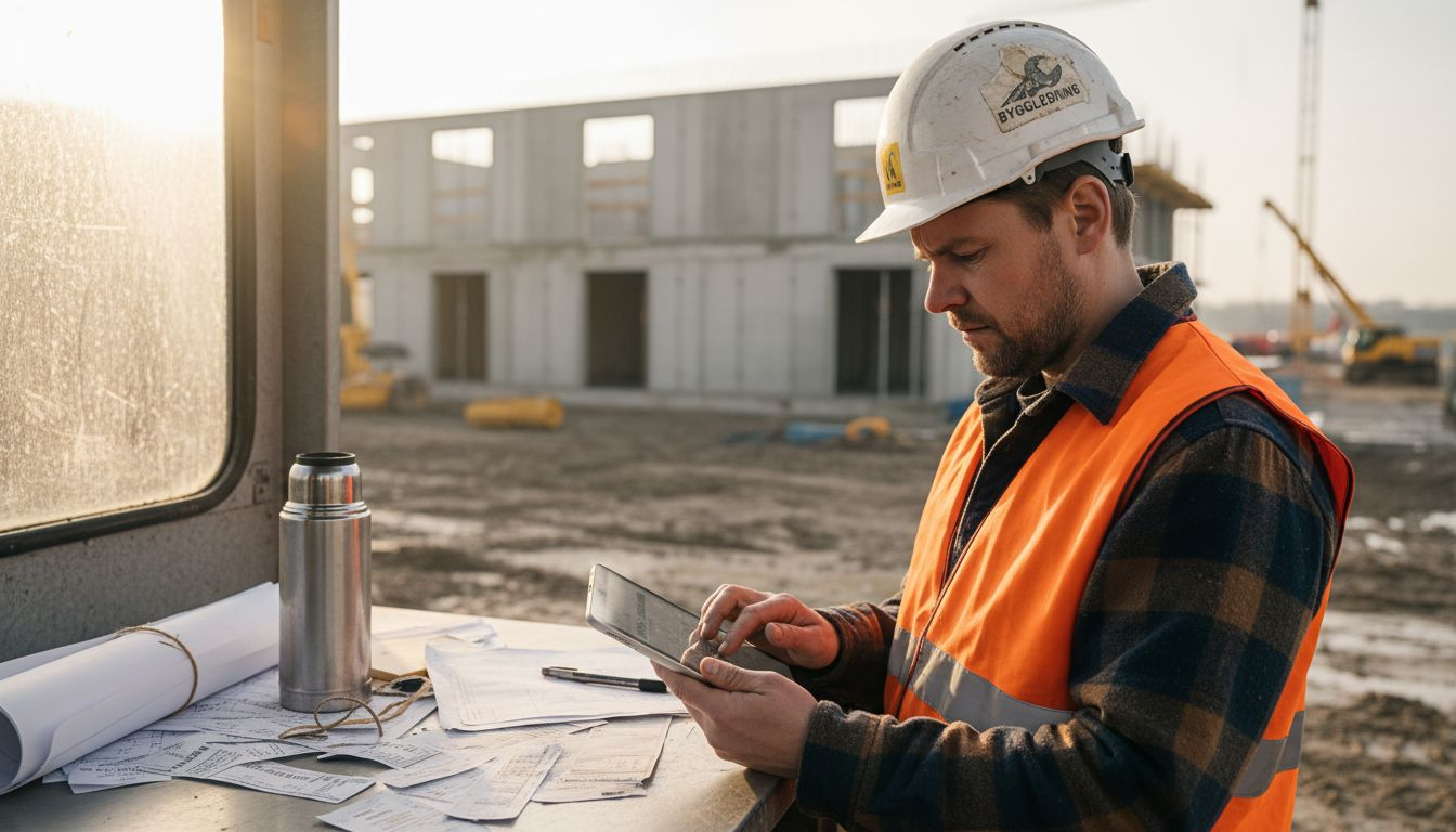 Platschefen går igenom byggprojektets app på kontoret