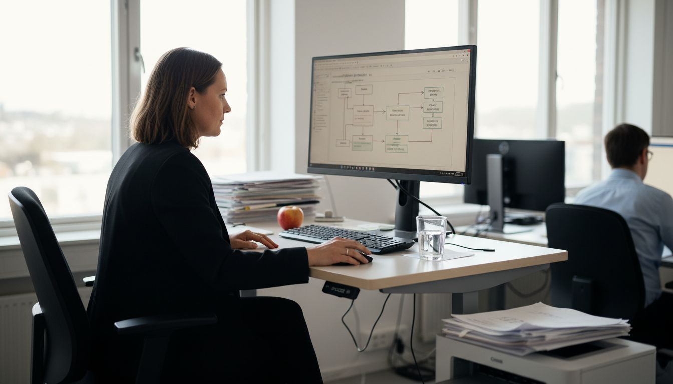 En kollega sitter på kontoret och jobbar med att utveckla och förbättra våra CRM-processer.