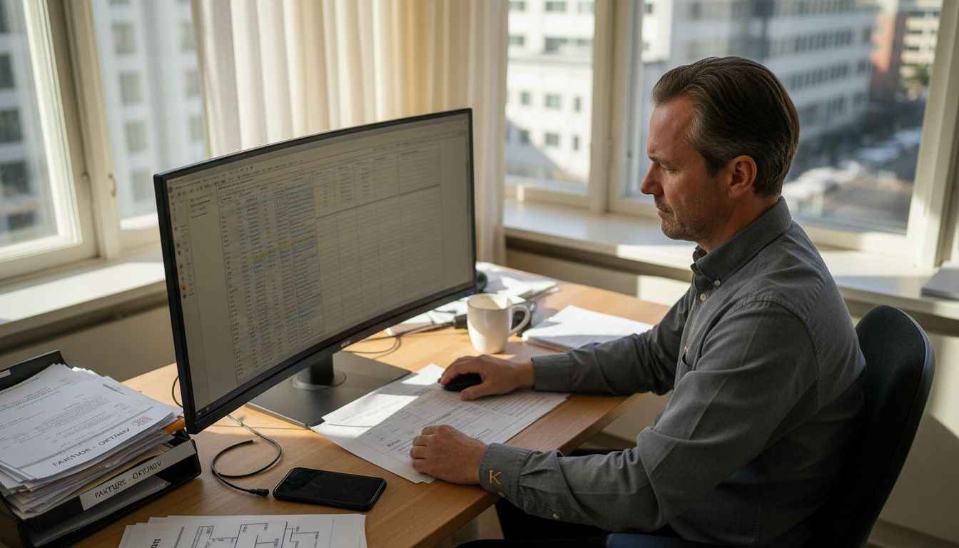Chef går igenom arbetsflödet på datorn på sitt kontor.