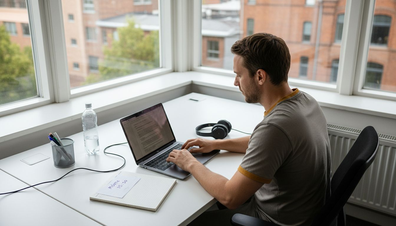 En person sitter och jobbar vid datorn i ett ljust hörnkontor.