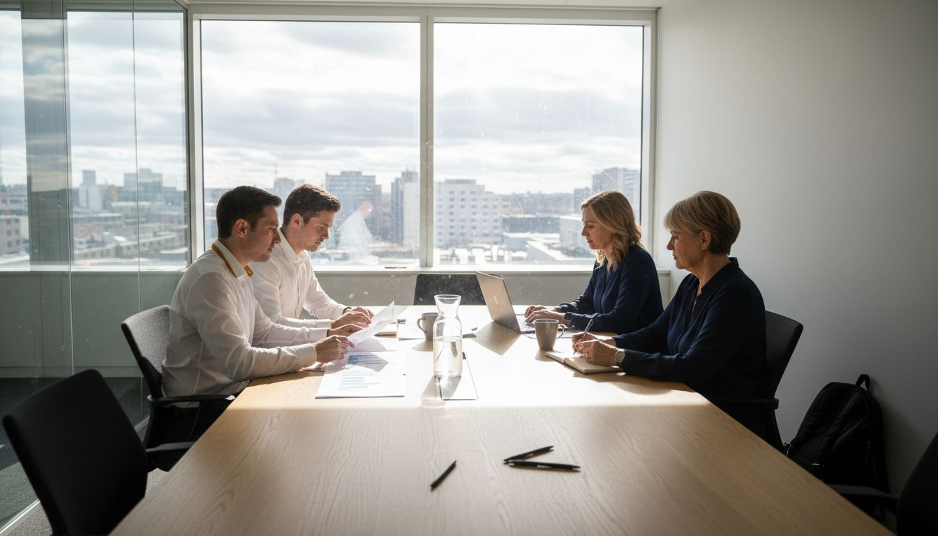 Ett team på företaget samlas för att prata igenom företagets it-lösningar på kontoret.