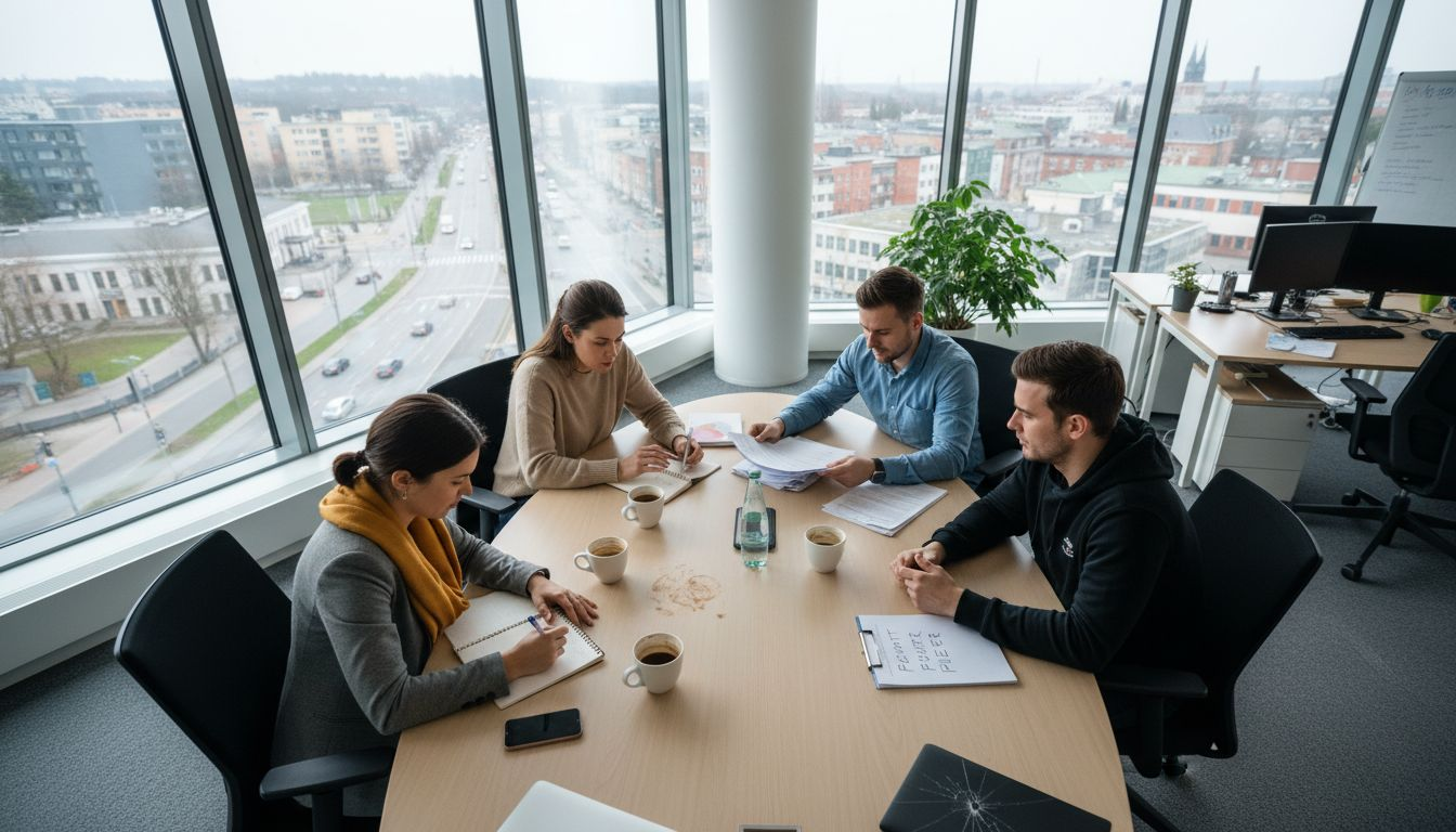 Ett team på kontoret sitter samlat runt bordet och diskuterar hur de bäst kan kommunicera med sina kunder.