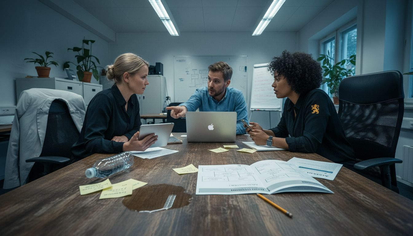 Yrkespersoner som diskuterar och jämför funktioner i olika verktyg för företag