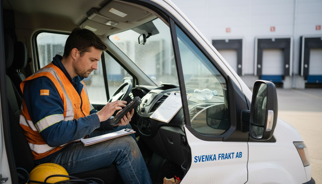 En tekniker sitter i servicebilen och går igenom en app i mobilen.