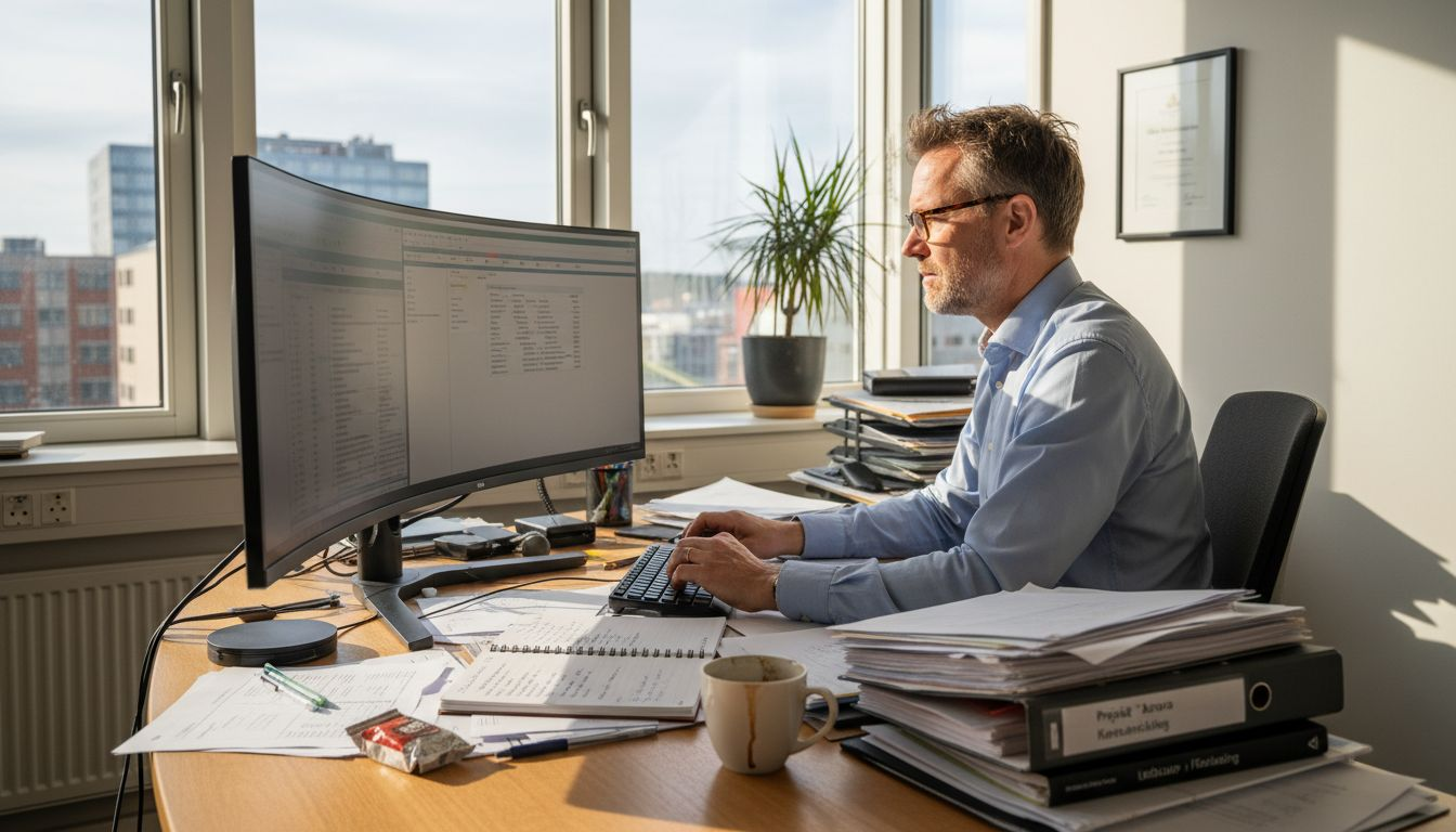 Chefen går igenom företagets rutiner på sitt kontor.