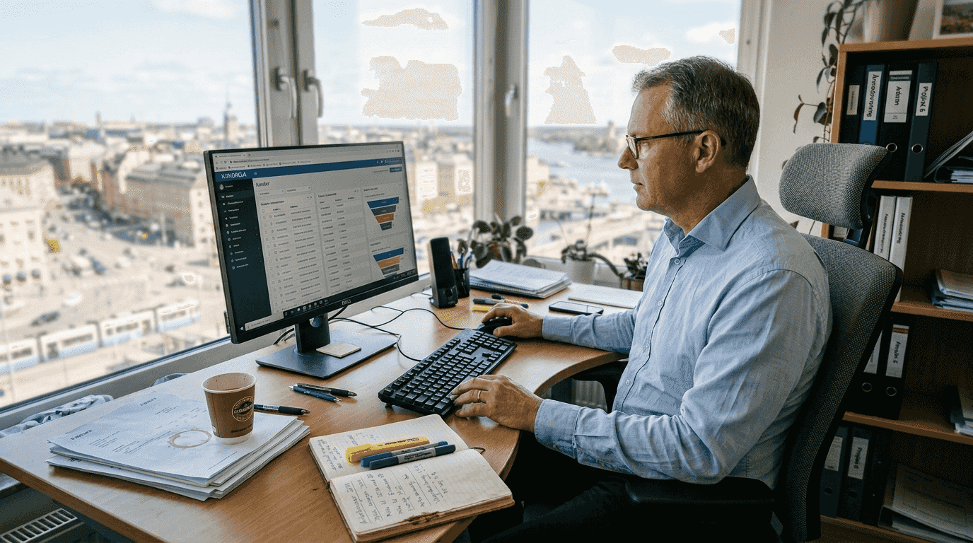 En person sitter vid sitt skrivbord och bläddrar igenom CRM-systemet på datorn.