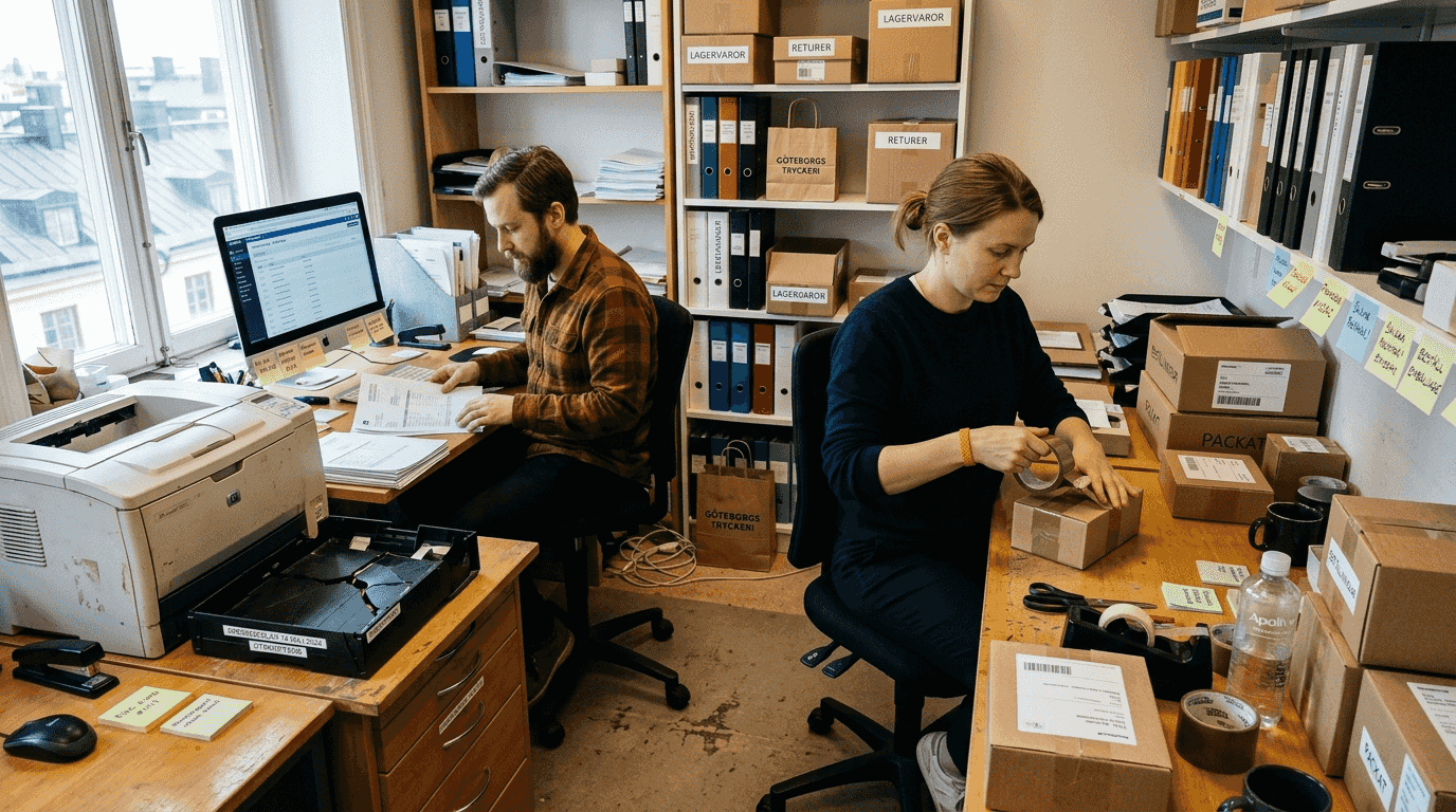 På det lilla kontoret sitter två personer och tar hand om alla order.
