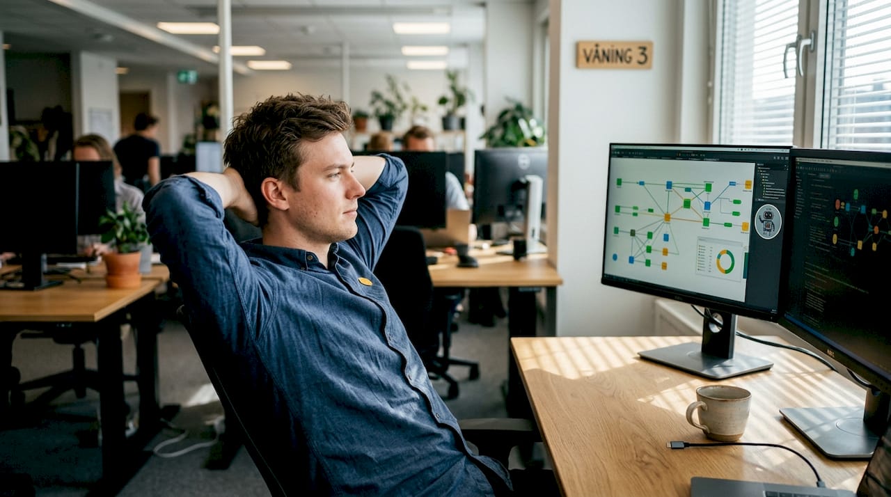 IT-experten sitter framför två bildskärmar och arbetar med digitala verktyg.
