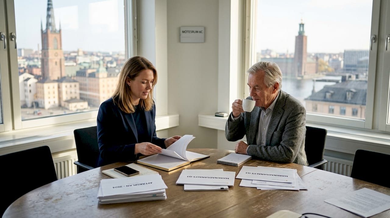En kundansvarig och en kund sitter och diskuterar vid ett bord i hörnet.
