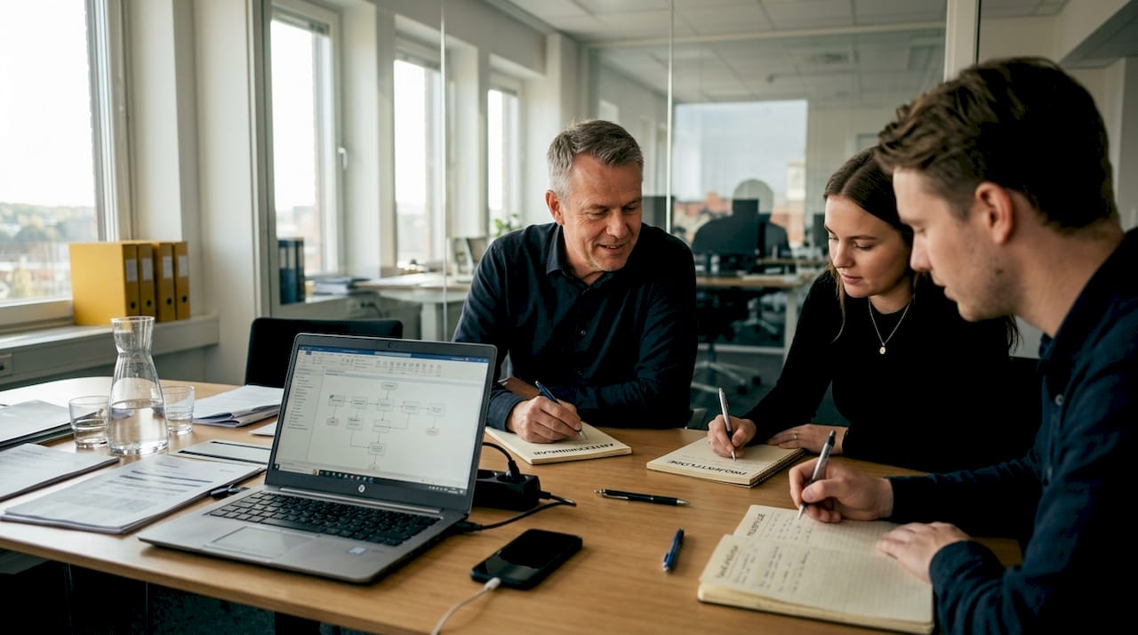 SME-teamet samlas runt mötesbordet för att diskutera möjligheter med automatisering.
