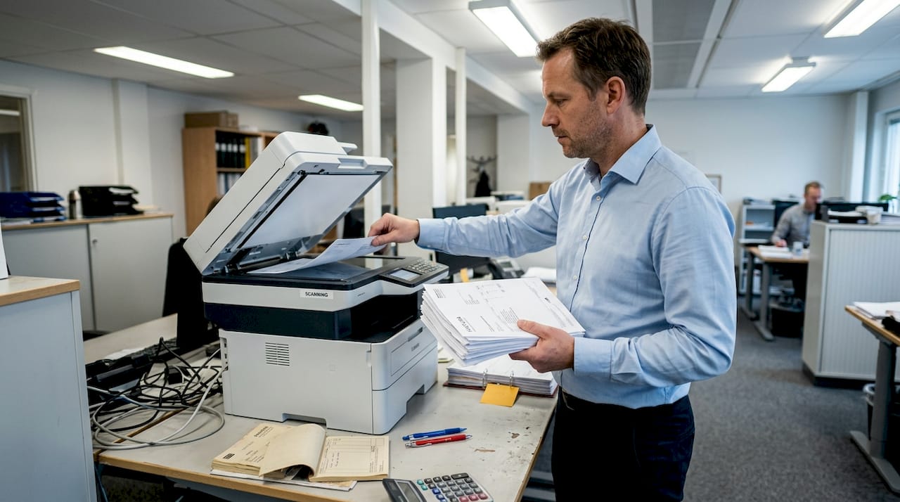 På ekonomiavdelningen hanterar man fakturor genom att skanna in dem.