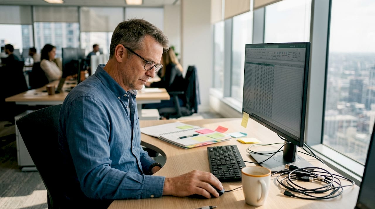 En chef analyserar företagsdata på sitt kontor.