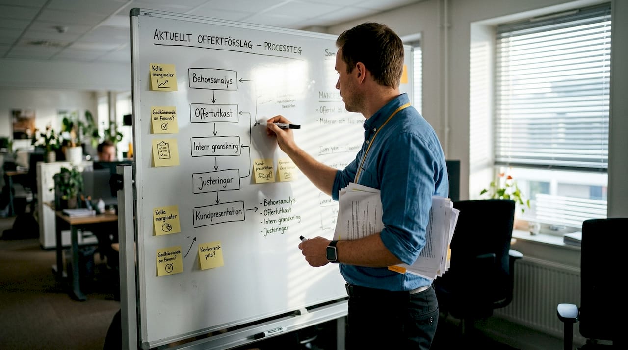 Man planerar offertflödet med hjälp av post-it-lappar