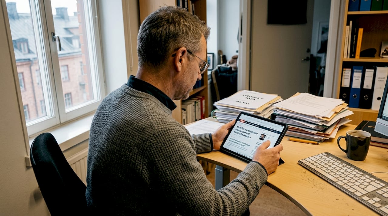 En småföretagare ser över sina pappershögar och för över viktiga dokument till digitalt format på sitt lilla kontor.