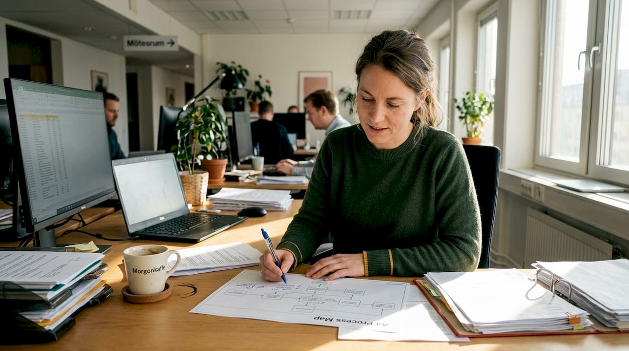 Kvinna kartlägger arbetsflöden på kontoret