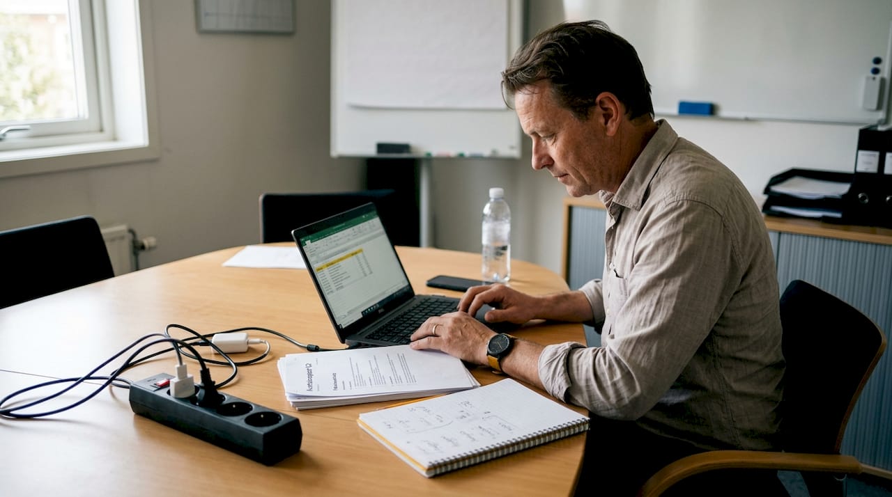 Man sitter och matar in uppgifter för hand på sin laptop.