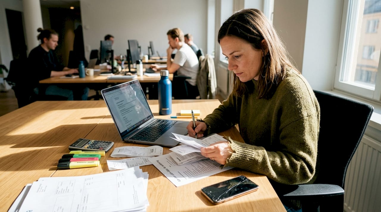 Företagsägaren sitter på kontoret och sorterar fakturor