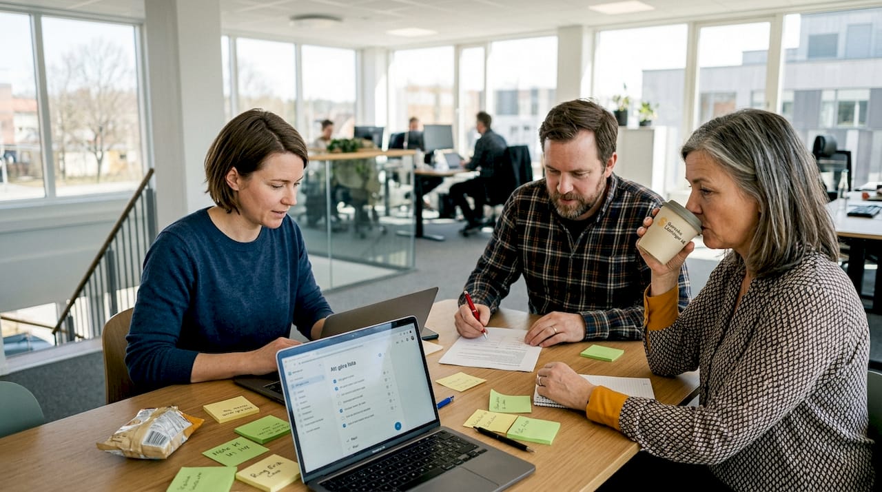 Ett team går igenom arbetsflödet och stämmer av checklistan tillsammans vid kontorsbordet.