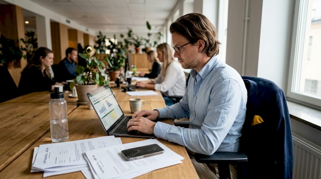 En medarbetare på SMB arbetar med att hantera partnersamarbeten vid sitt skrivbord.