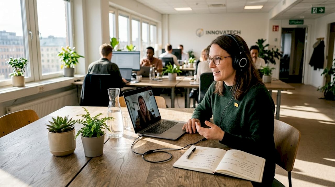 En kvinna har ett kundsamtal i ett ljust och modernt kontor.
