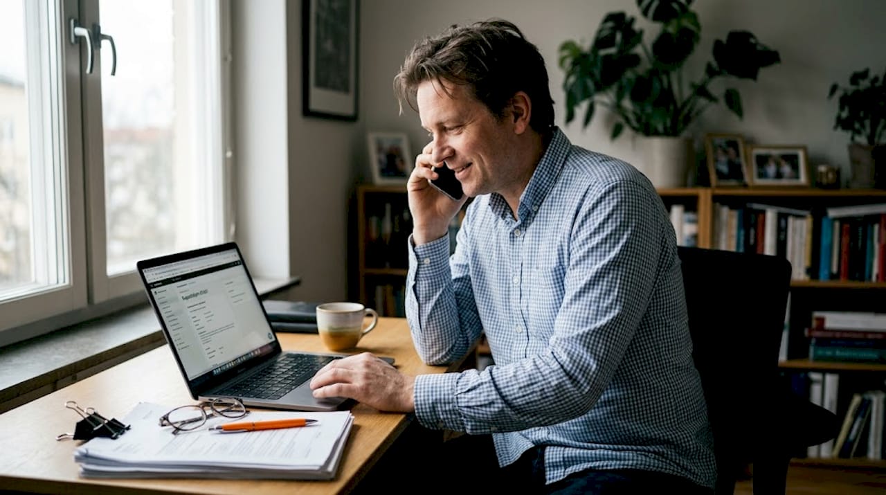Man tar hand om kundärenden över telefon när man jobbar hemifrån.