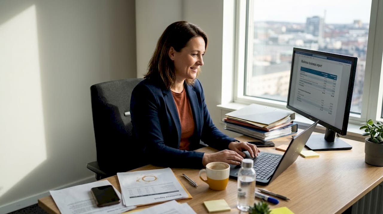En entreprenör sitter i sitt hörnkontor och går noggrant igenom en rapport.