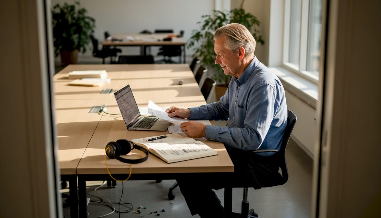 En man sitter vid ett bord och jämför rapporter med informationen på sin laptop.