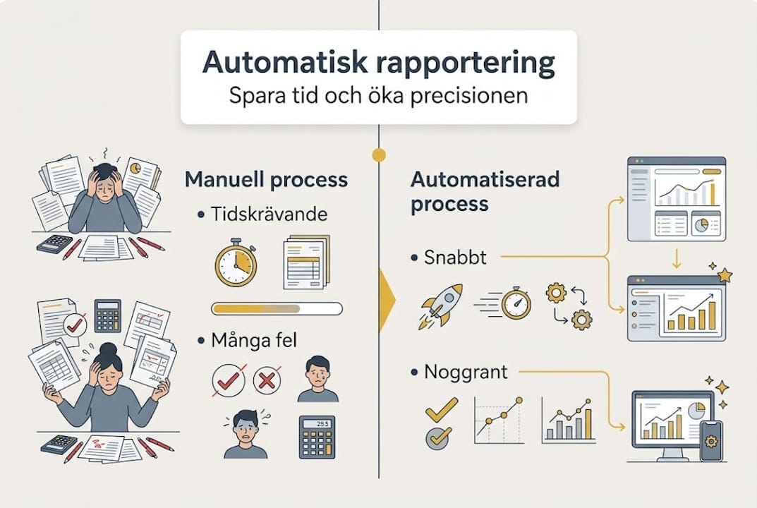 Infografik som tydligt visar skillnaderna mellan manuell och automatiserad rapportering