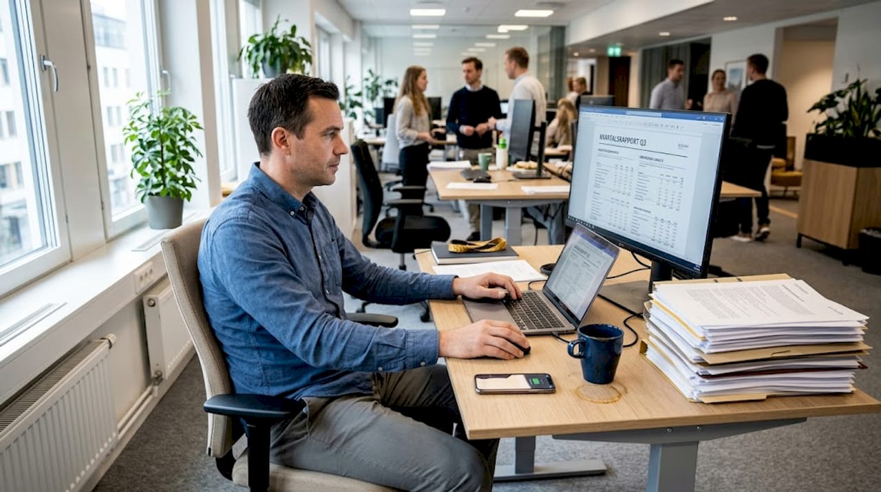 Man sitter vid ett stökigt skrivbord och går igenom en rapport