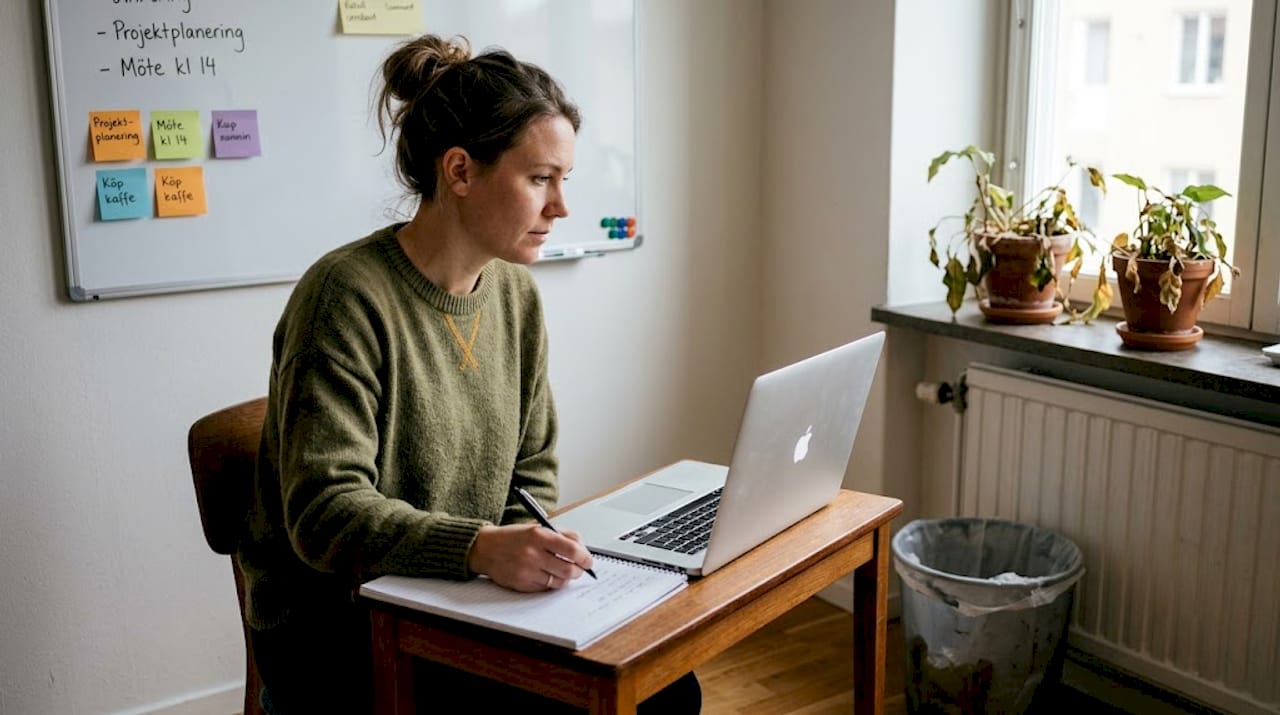 En kvinna sitter koncentrerat och jobbar vid sitt skrivbord hemma.