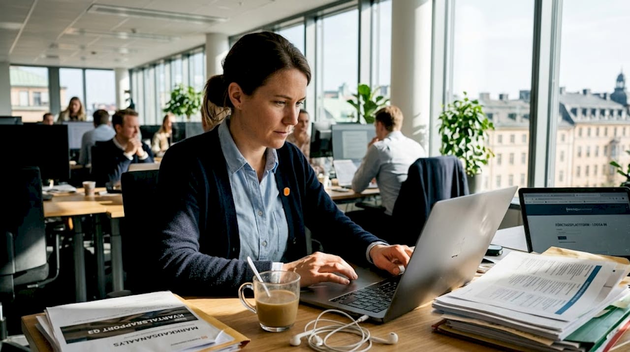 En kvinna sätter sig vid sin dator och loggar in på jobbet.