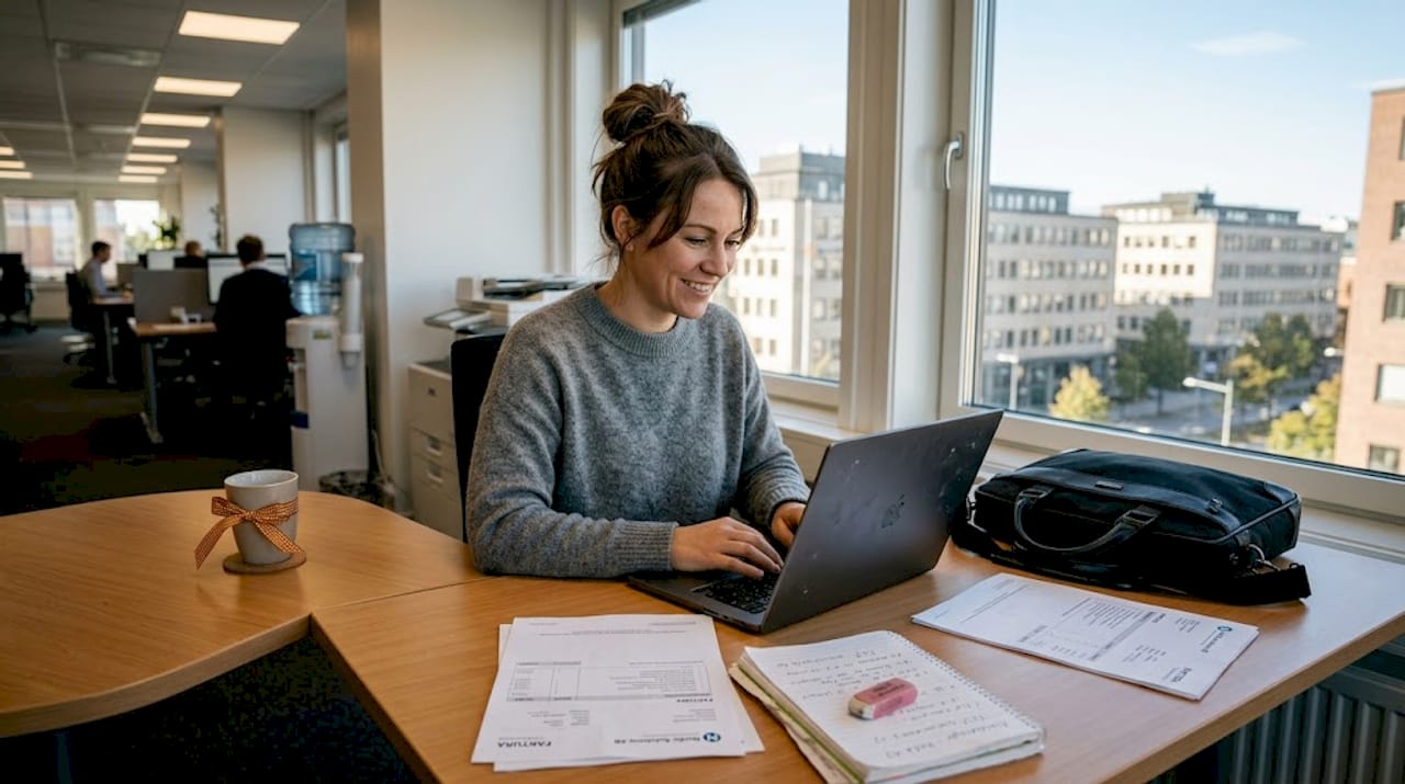 En kvinna sitter vid ett hörnbord och loggar in i företagets affärssystem.